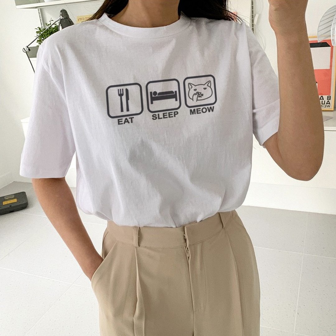 Eat Sleep Meow 中性短袖T恤 白色 吃睡喵猫咪Cat上衣宽松 - 女装 T 恤 - 棉 白色