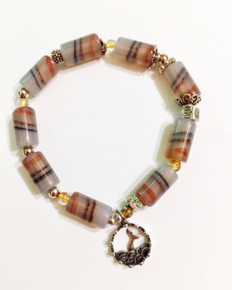 稀有条纹缠丝玛瑙管珠手串 - 手链/手环 - 半宝石 卡其色