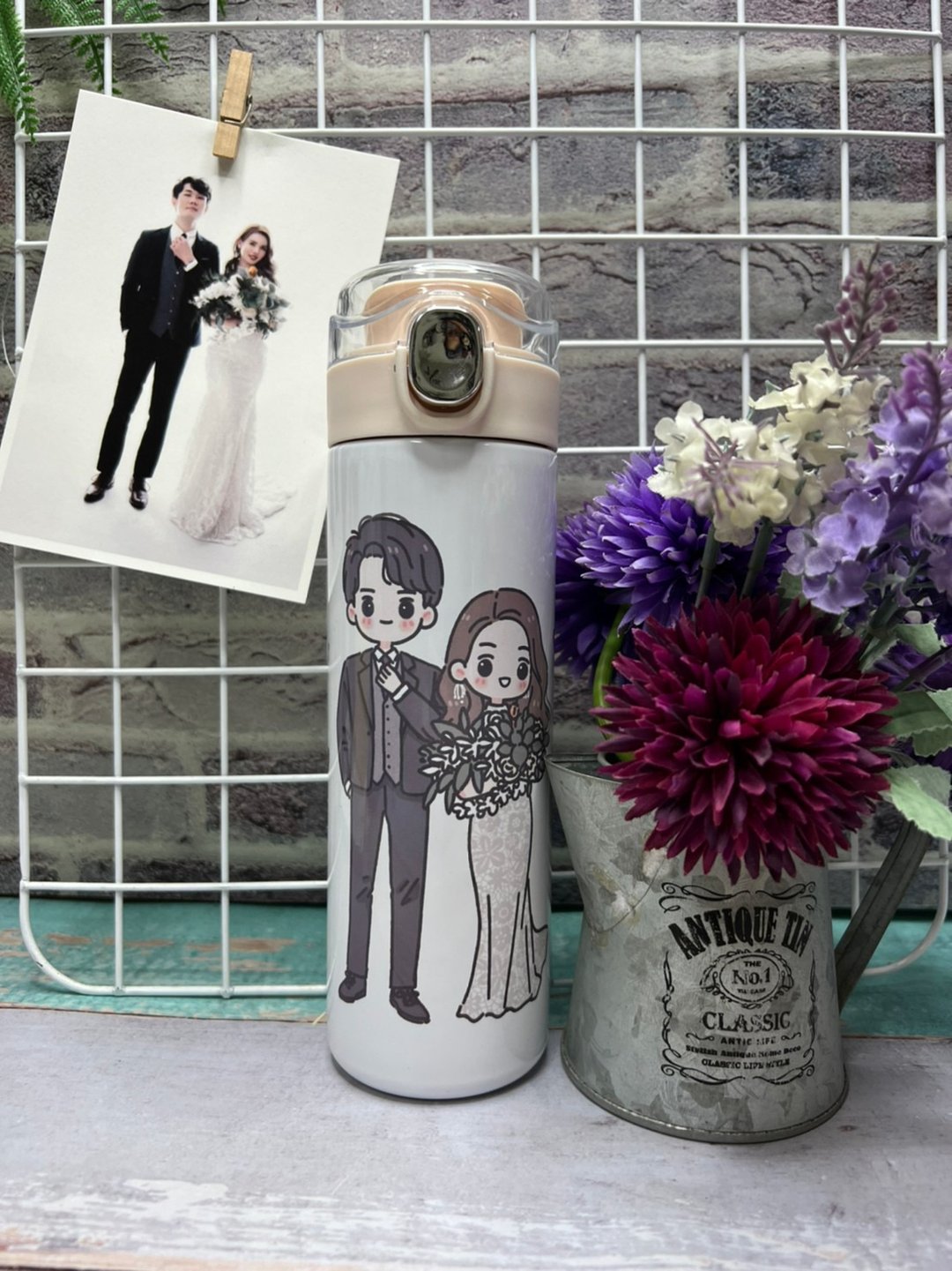 与你走到白首 浪漫婚礼插画保温瓶 定制Q版情侣画 结婚纪念必备礼 - 保温瓶/保温杯 - 不锈钢 黄色