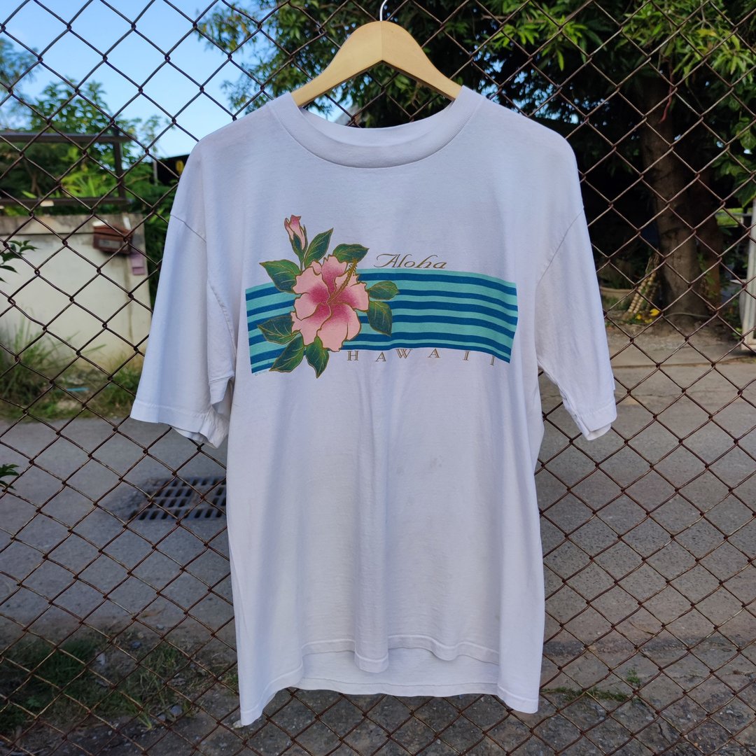 Vintage 90s Aloha Hawaii Hibiscus Floral T-Shirt - 男装上衣/T 恤 - 棉 白色