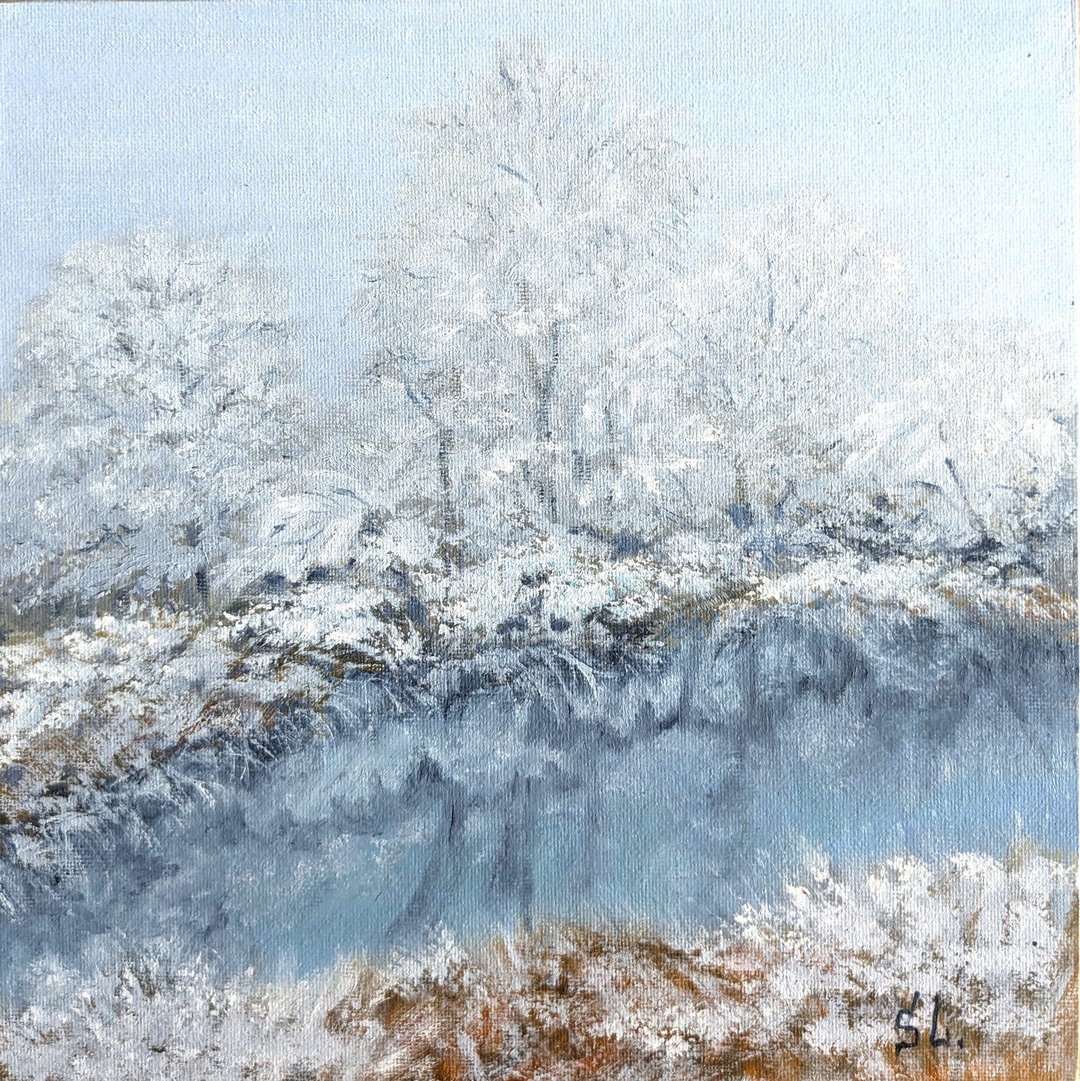 冬季风景手工油画墙艺术河流森林黎明雪花边 10 英寸 - 海报/装饰画/版画 - 其他材质 蓝色