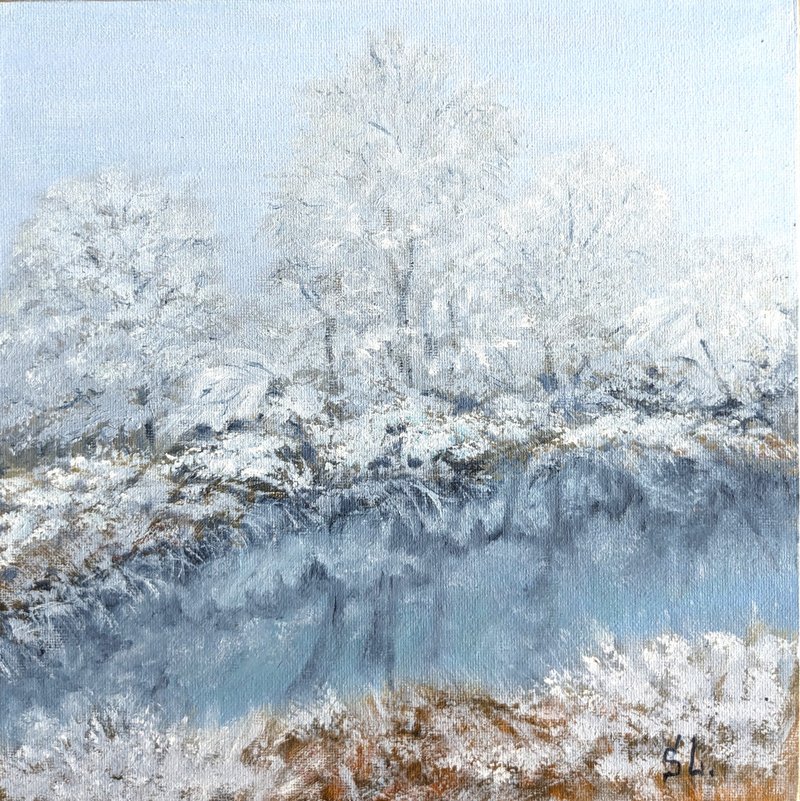 冬季风景手工油画墙艺术河流森林黎明雪花边 10 英寸 - 海报/装饰画/版画 - 其他材质 蓝色