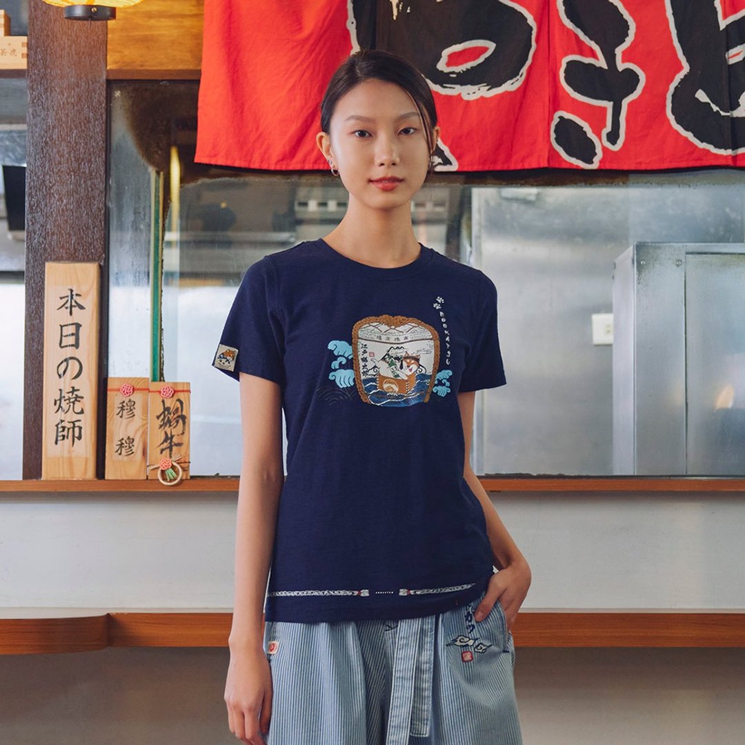江户胜 日系 女装 胜太郎系列 酒樽太郎短袖T恤(丈青色) #上衣 - 女装 T 恤 - 棉 蓝色