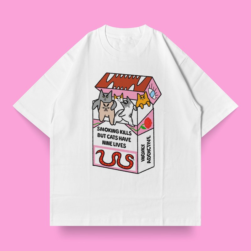 抽菸杀死猫咪 插画 Oversized T恤 - 中性连帽卫衣/T 恤 - 其他材质 白色