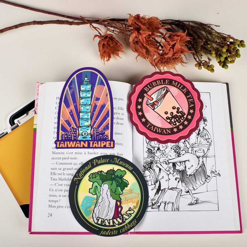 旅行台湾 行李箱防水贴纸/ 台北 珍珠奶茶 故宫翠玉白菜 3入组 - 贴纸 - 防水材质 