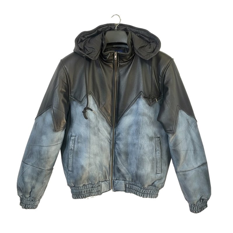 双色皮革连帽冬季铺棉风格夹克外套 - 男装外套 - 真皮 黑色