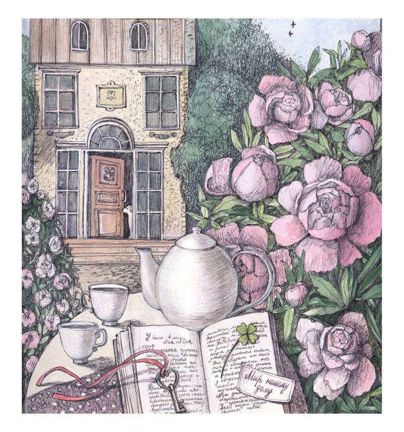 原创绘画花园里的下午茶时间花卉绘画牡丹甜蜜的家 - 插画/绘画/写字 - 纸 粉红色