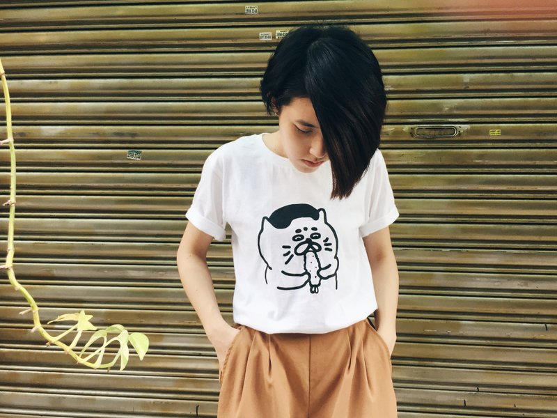 炸虾五郎 - 白色夏季短袖 - 中性连帽卫衣/T 恤 - 棉．麻 白色