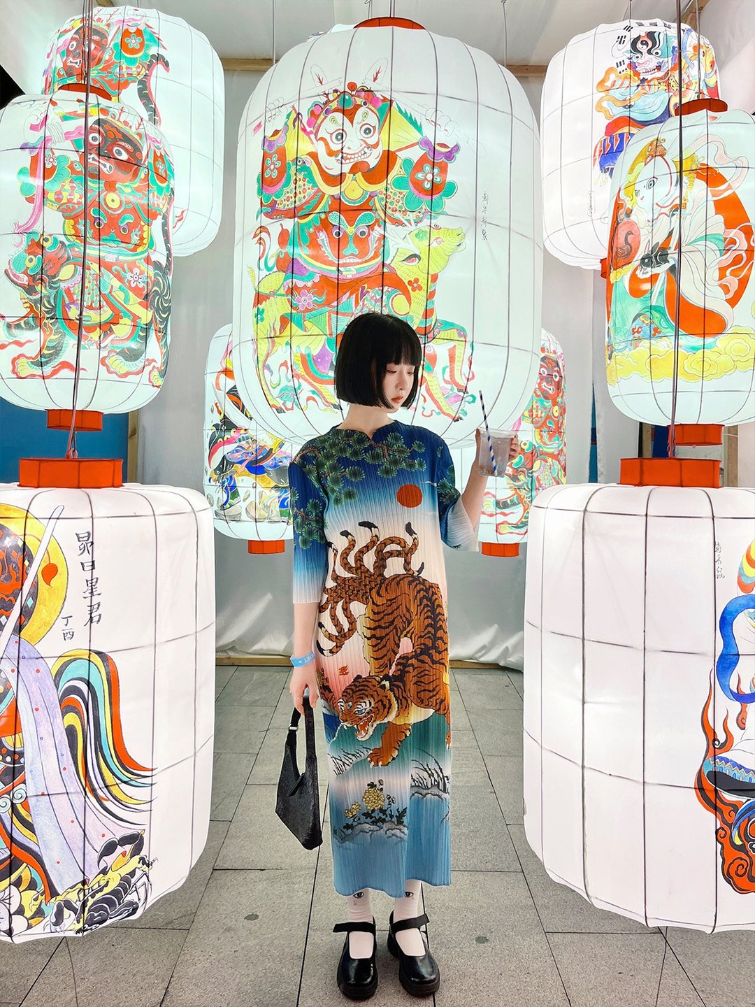 目目玉nunuyu设计师款老虎图案复古浪漫褶皱夏天连衣裙 - 洋装/连衣裙 - 聚酯纤维 多色