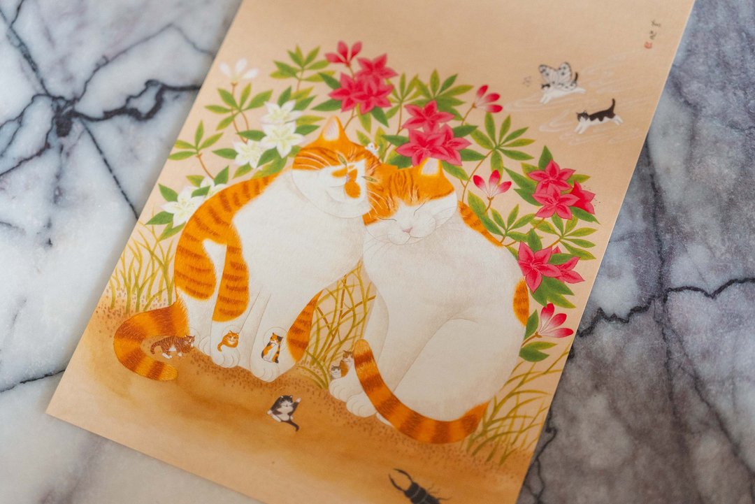 双双对对万年富贵*花园里的两只猫*韩国艺术家明信片 - 卡片/明信片 - 纸 