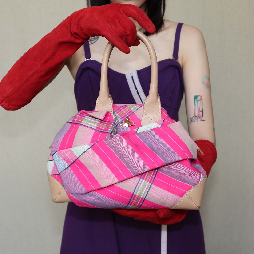 南瓜Vintage。Vivienne Westwood 经典 格纹 帆布 手提包 - 手提包/手提袋 - 真皮 粉红色
