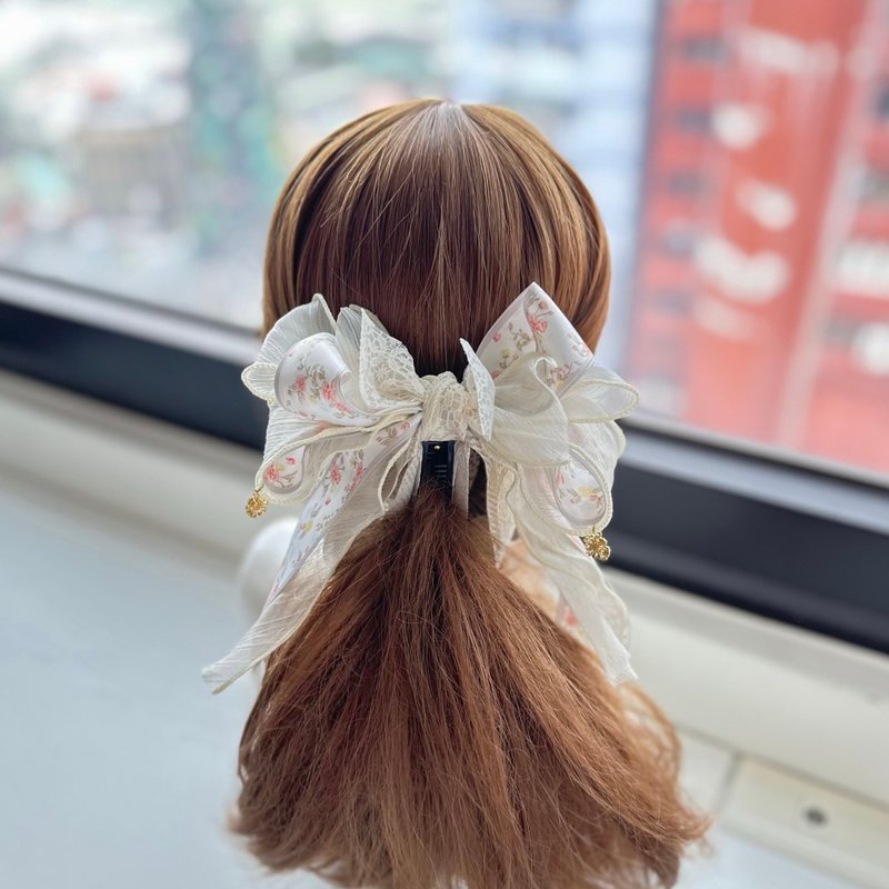 卷边纱蝴蝶结相交夹香蕉夹仙女夹发夹-米白色 - 发饰 - 其他材质 白色