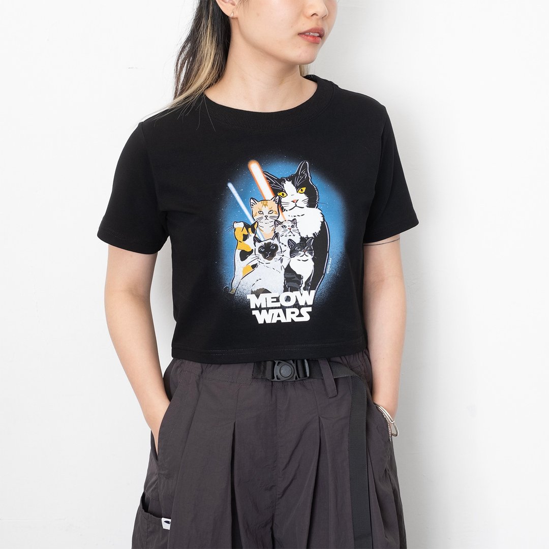 【GOOD DAY】MEOW WARS 图案女装短Tee - 黑色//白色 (ZT1408) - 女装上衣 - 棉 黑色