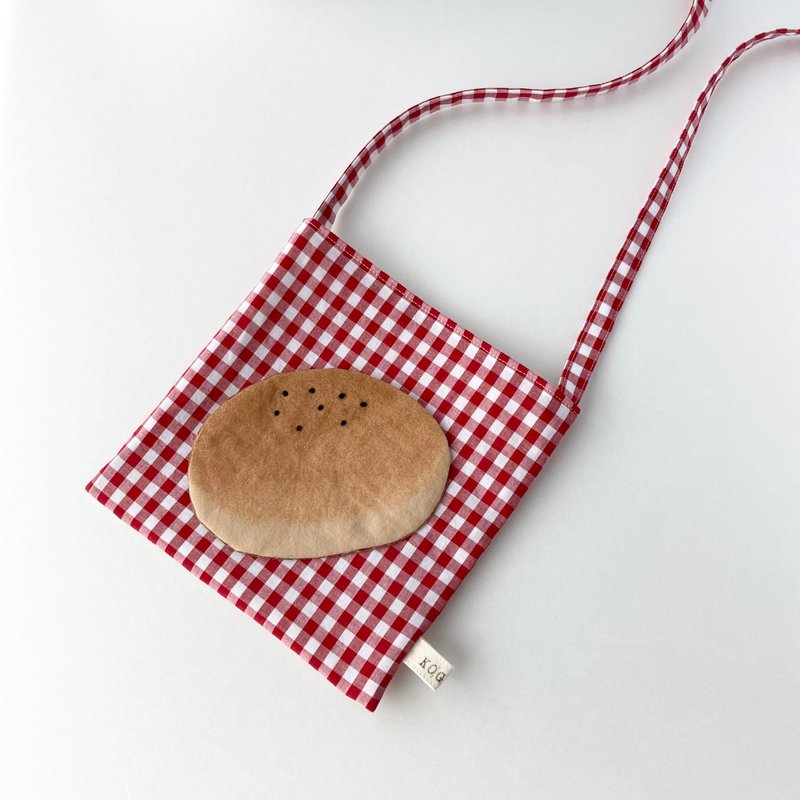 日式红豆面包与格纹拼接斜背包 - 侧背包/斜挎包 - 棉．麻 红色