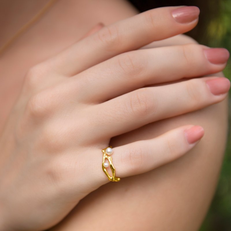 【品牌设计款最佳礼物】纯银 枝枒 天然珍珠 尾戒 - 戒指 - 纯银 金色