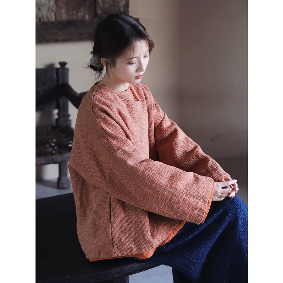 中式编织色织亚麻圆领夹棉宽松棉衣棉服 - 女装上衣 - 棉 