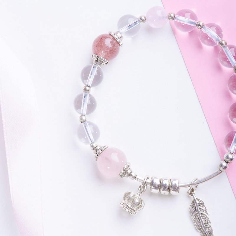 【野兽的玫瑰】白水晶/粉水晶/草莓晶 925纯银羽毛皇冠手链 - 手链/手环 - 水晶 粉红色