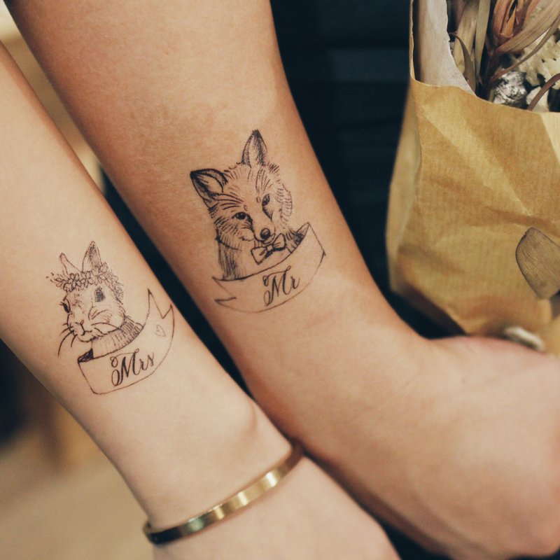 cottontatt mr mrs 狐狸兔子手绘手写书法情侣纹身贴纸套装 - 纹身贴 - 其他材质 黑色