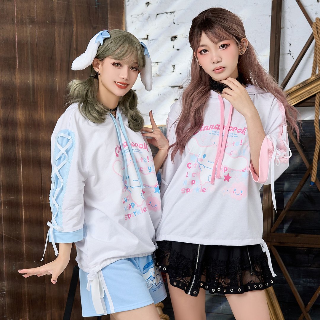 原创三丽鸥SANRIO授权大耳狗喜拿抽绳缎带狗耳短袖连帽T恤JJ5029 - 中性连帽卫衣/T 恤 - 棉 