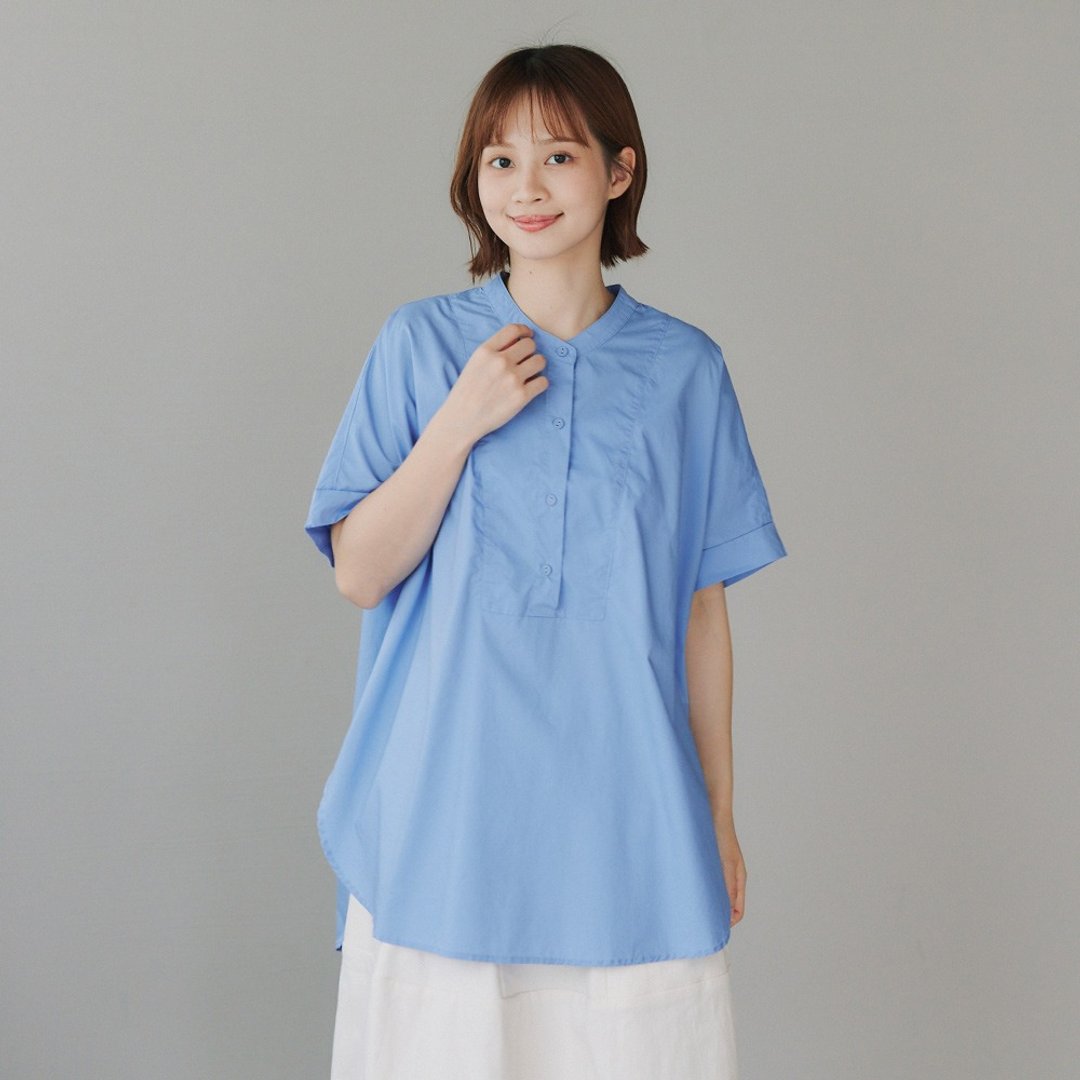 【Simply Yours】弧边小立领衬衫 蓝F - 女装衬衫 - 棉 蓝色