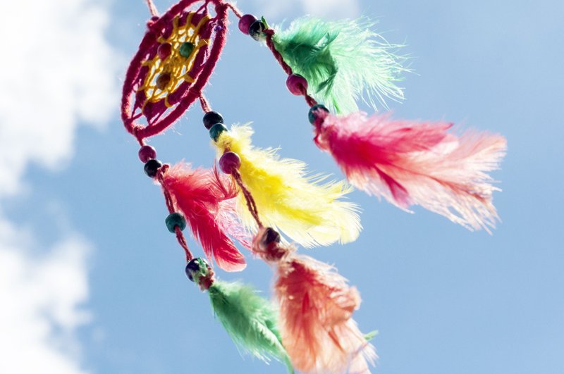 boho民族风 手工编织棉麻彩虹色捕梦网吊饰-黄红色系曼达拉 (小) - 摆饰 - 羊毛 多色