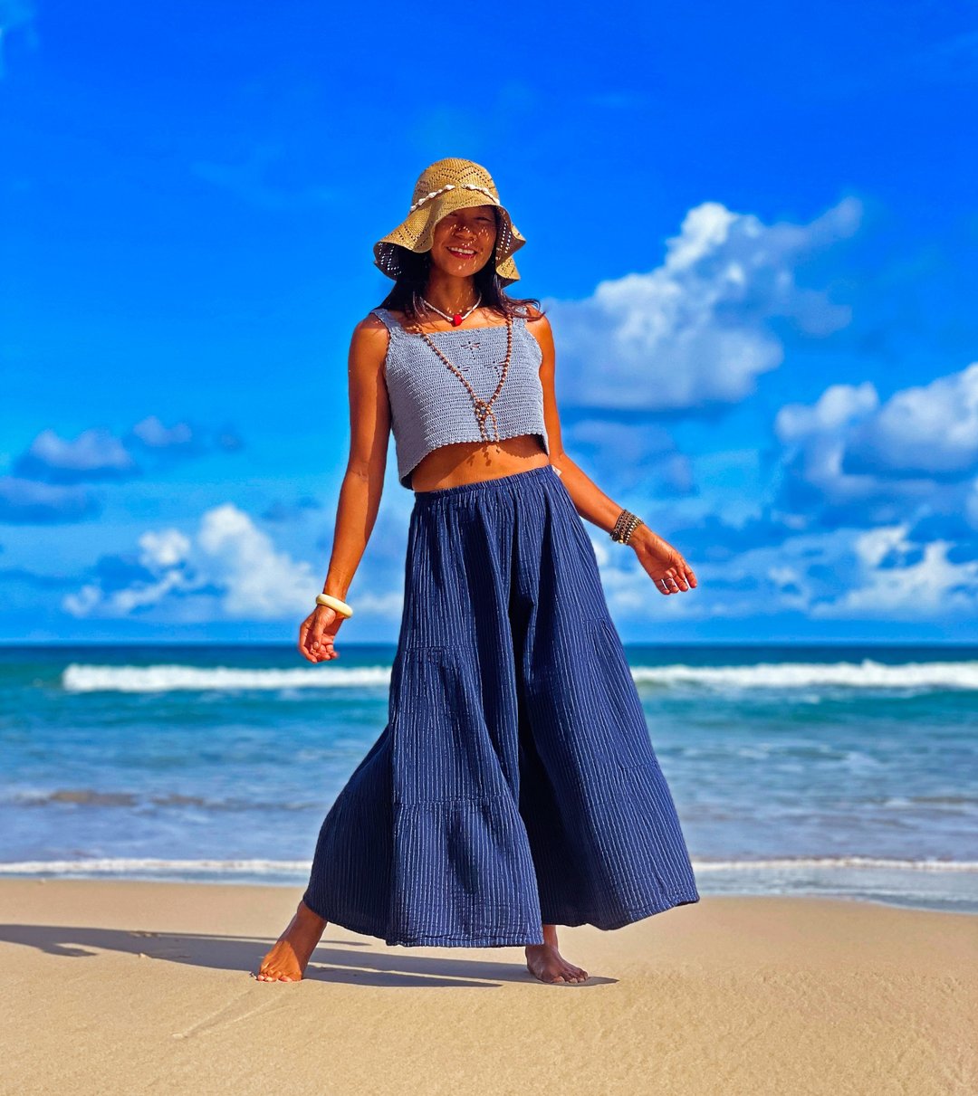 Women Blue Pants, Cotton Blue Pants, Loose Blue Pants, Blue Striped Pants - 女装长裤 - 其他材质 