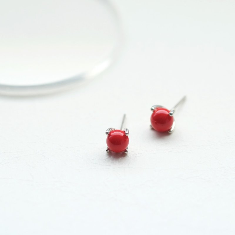 红珊瑚 爪镶 耳环 925银 - 耳环/耳夹 - 其他金属 红色