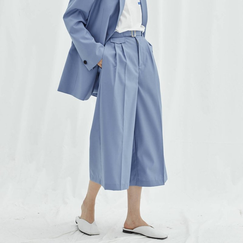 浅灰蓝色 精纺澳洲羊毛八分阔腿西装裤 高腰宽裤 垂感显瘦显腿长 - 女装长裤 - 羊毛 蓝色