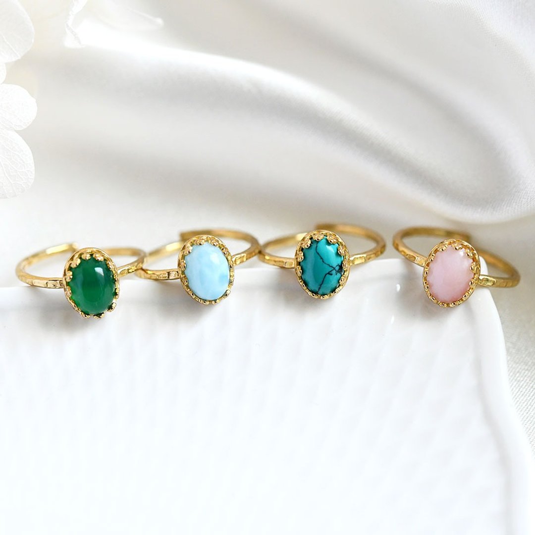 Family Acupuncture Healing Health Maintenance Stones Green Agate Crown Ring May Birthstone Pink Opal Larimar Turquoise - 戒指 - 宝石 绿色