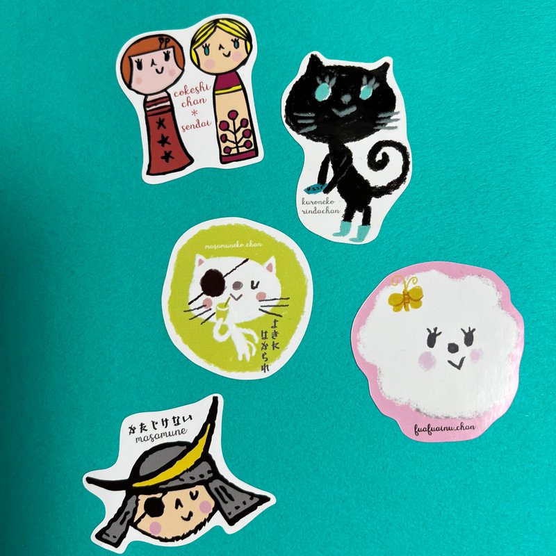 黑猫琳达・日式娃娃・政宗・蓬松狗狗・苹果造型分装贴纸 - 贴纸 - 纸 白色