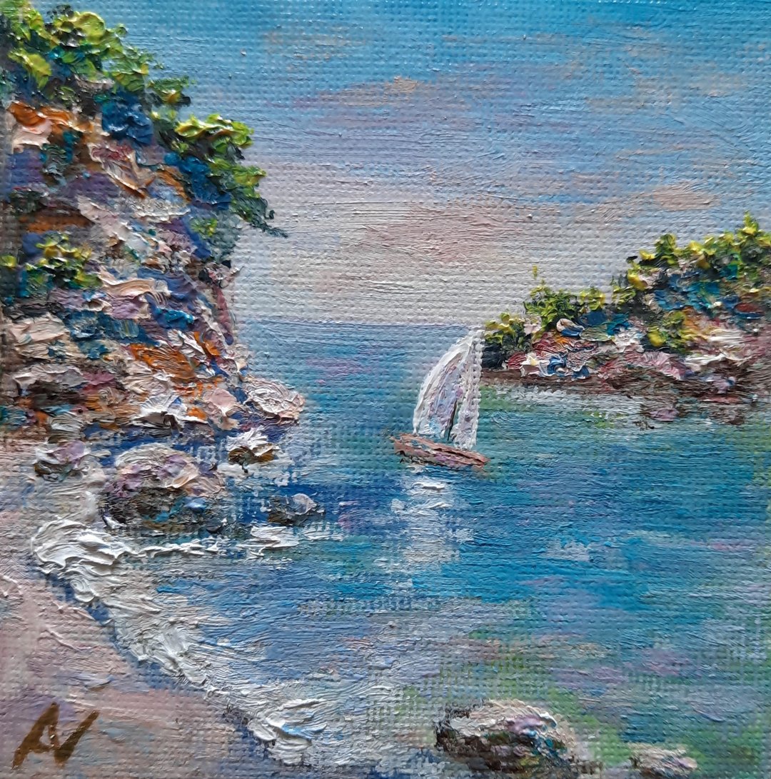 海湾迷你油画，惬意海滩原创艺术，帆船海洋手工礼物 - 墙贴/壁贴 - 环保材料 多色
