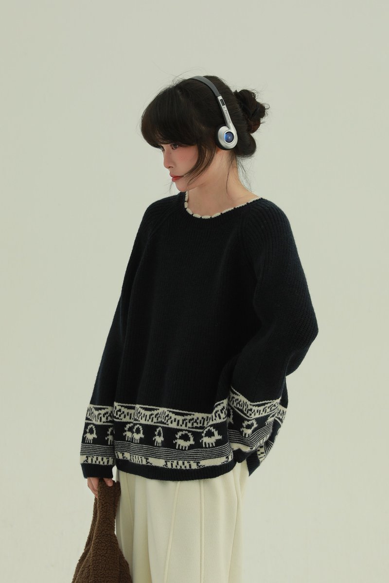 2顏色 復古彩蛋 花邊領口毛衣 提花復古設計感內搭針織衫上衣 - 女装针织衫/毛衣 - 聚酯纤维 黑色