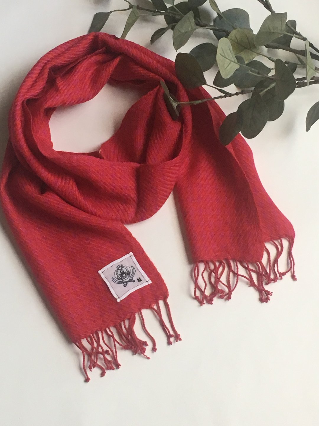 Shepherds check Hand woven muffler - 丝巾 - 羊毛 红色