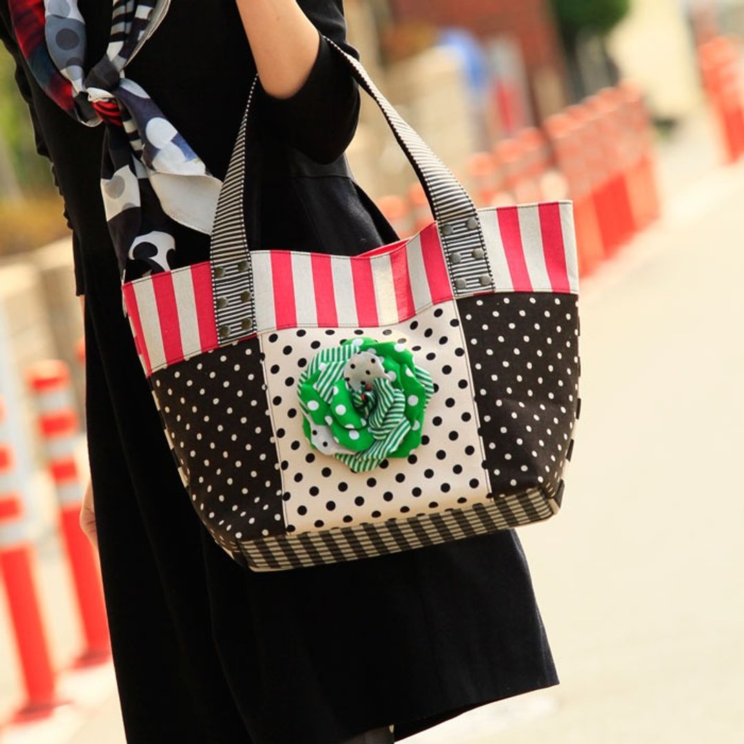 tote bag Location Hunting L Pink Green Corsage dots borders stripes - 其他 - 棉 粉红色