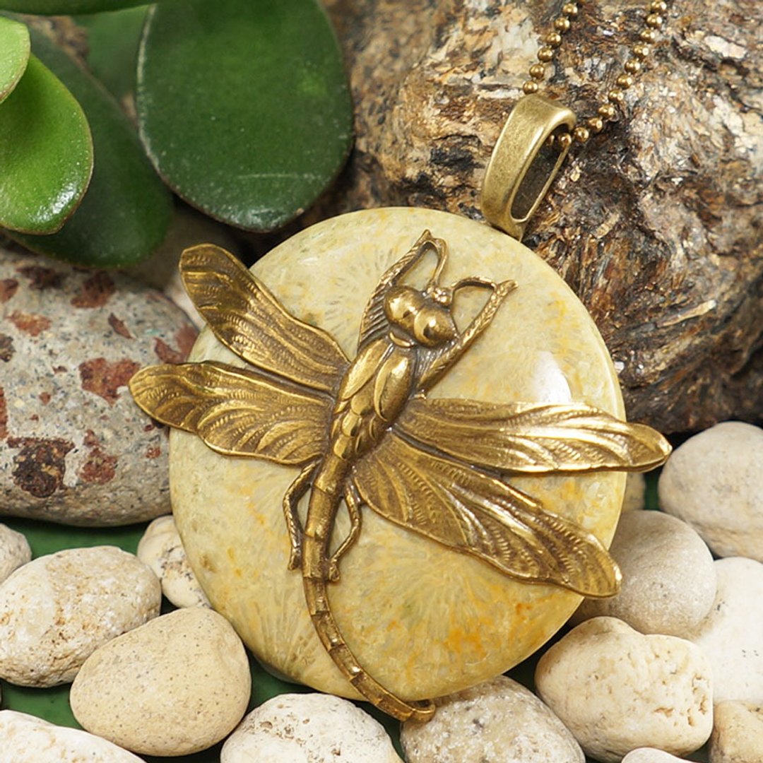 Beige Fossilized Coral Brass Dragonfly Necklace Round Stone Boho Pendant Jewelry - 项链 - 其他材质 黄色