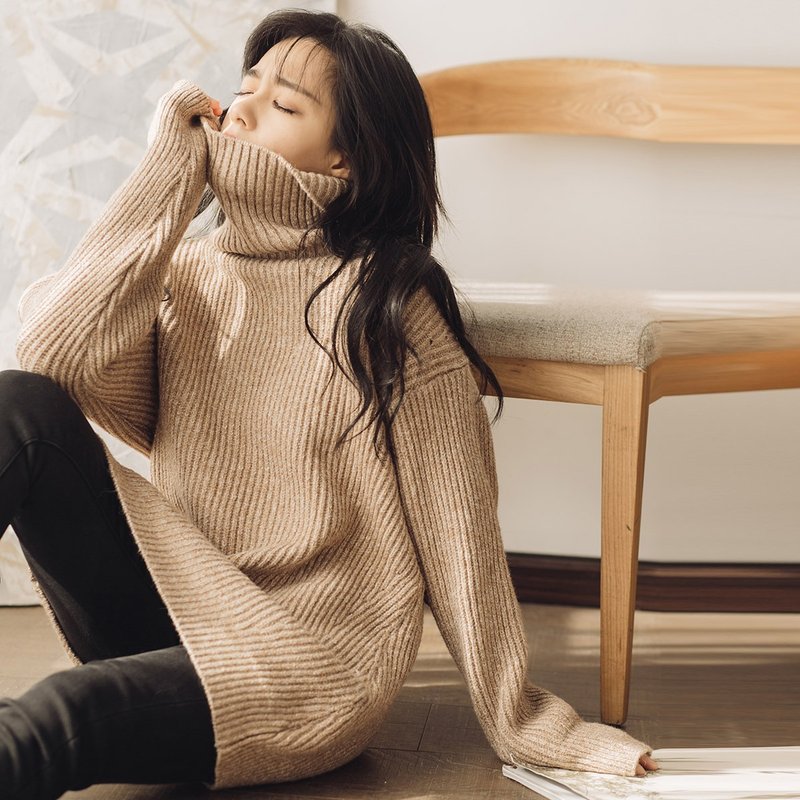 安妮陈2017冬装新款女装高领竖条针织上衣 - 女装针织衫/毛衣 - 棉．麻 卡其色