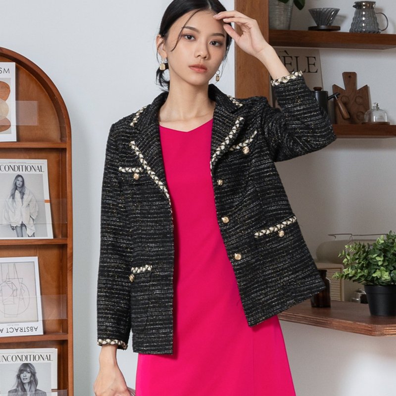 【MEDUSA】俐落金葱混纺小香风西装外套(M-2L) | 小香风外套 毛 - 女装西装外套/风衣 - 聚酯纤维 黑色