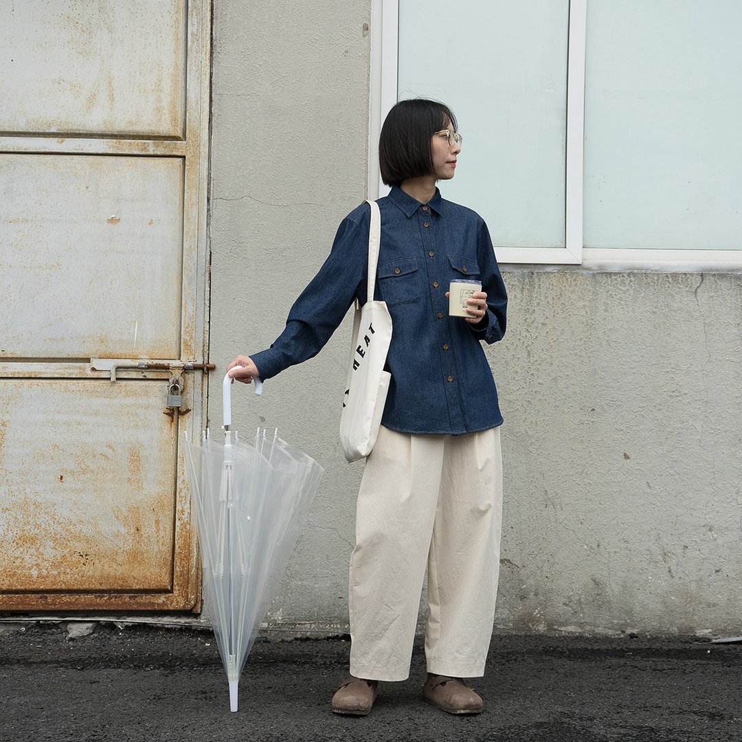 工装贴袋全棉进口靛蓝牛仔衬衫 - 女装衬衫 - 棉 蓝色