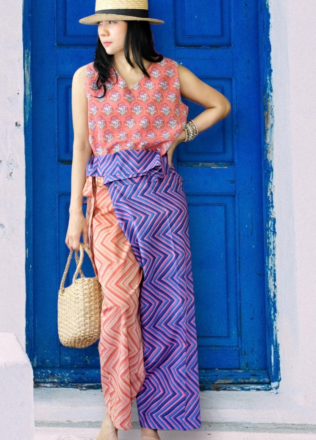 Anita Wrap pants (Indian Hand Block Print Cotton) orange-purple - 中性裤装 - 棉．麻 橘色