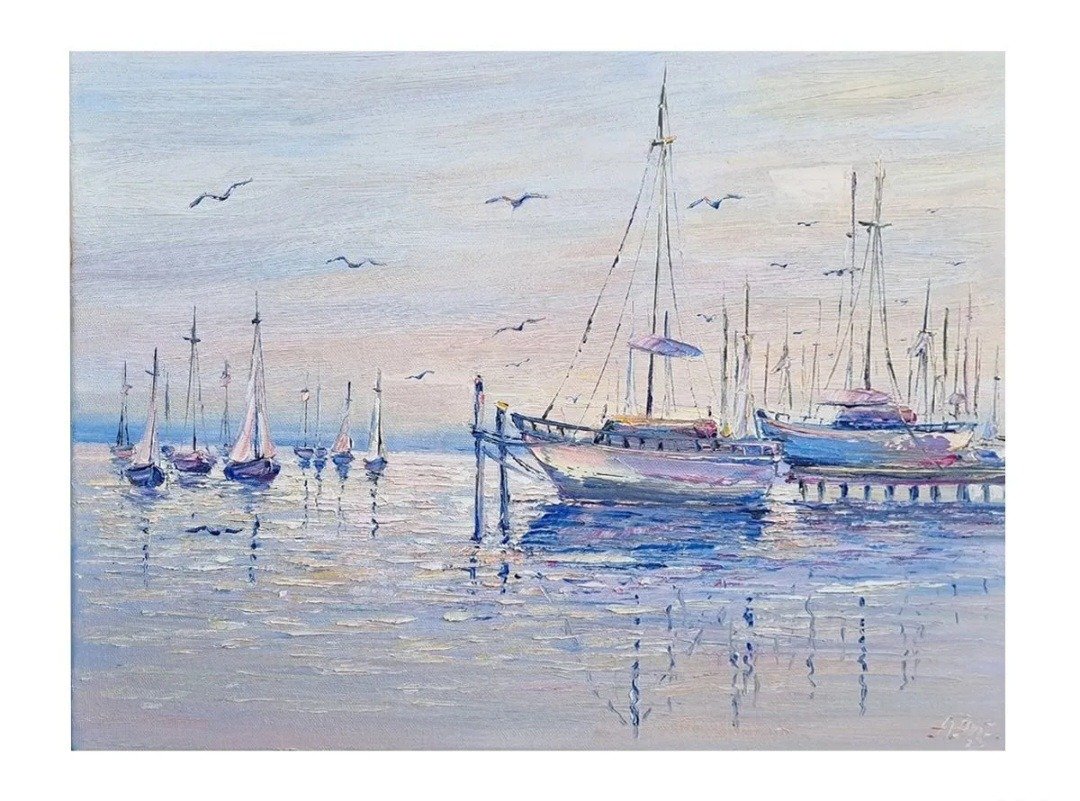 帆船油画原创艺术船艺术品厚涂绘画 - 墙贴/壁贴 - 棉 蓝色