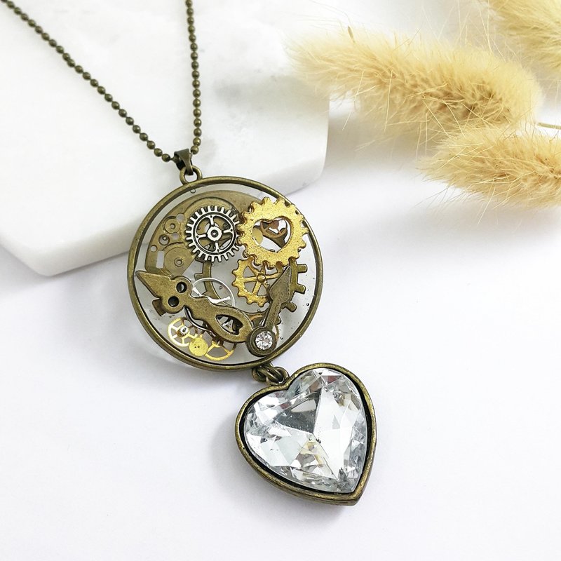 蒸气庞克 x 时钟 齿轮 心之钻 x 手工创作 复古长项链 - 长链 - 纸 咖啡色