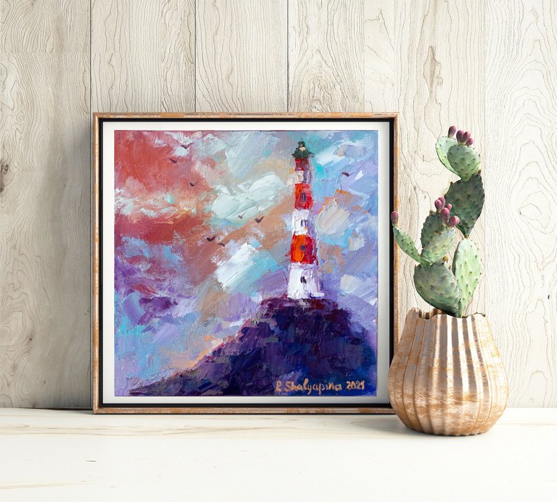 Lighthouse Oil Painting Original Art Seascape Artwork Cloudy Sky Wall Art - 海报/装饰画/版画 - 其他材质 多色