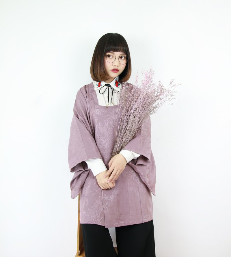 Back to Green 日本带回 道行 浅粉紫 插图风格满版 vintage kimono KD-09 - 女装休闲/机能外套 - 丝．绢 
