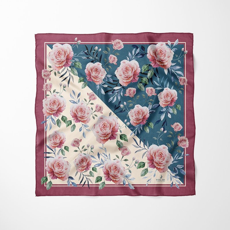 蓝叶玫瑰双面真丝丝巾 / 奶油古典绿 - 丝巾 - 丝．绢 多色