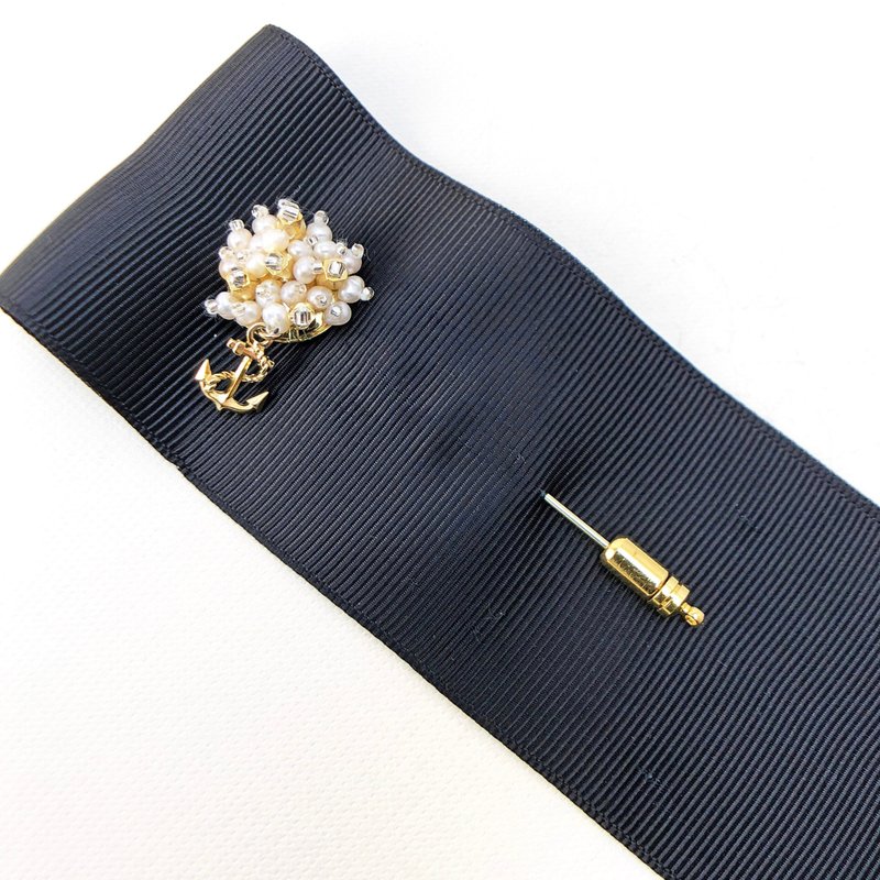 和风珍珠胸针 船锚 日本风格胸针 珍珠别针 纯银饰物 迎新年胸针 - 胸针 - 珍珠 金色