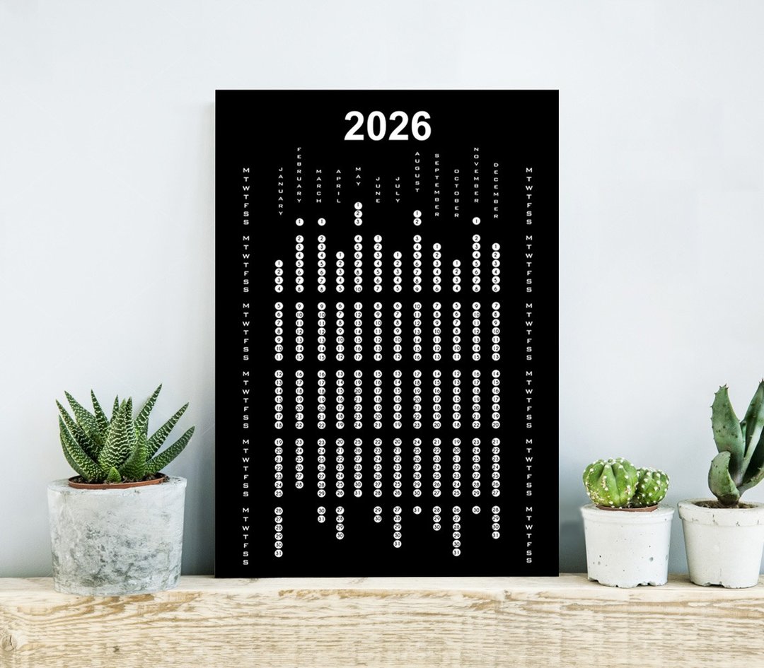 黑白月历 2026，适用于办公室厨房的极简月历 - 海报/装饰画/版画 - 纸 