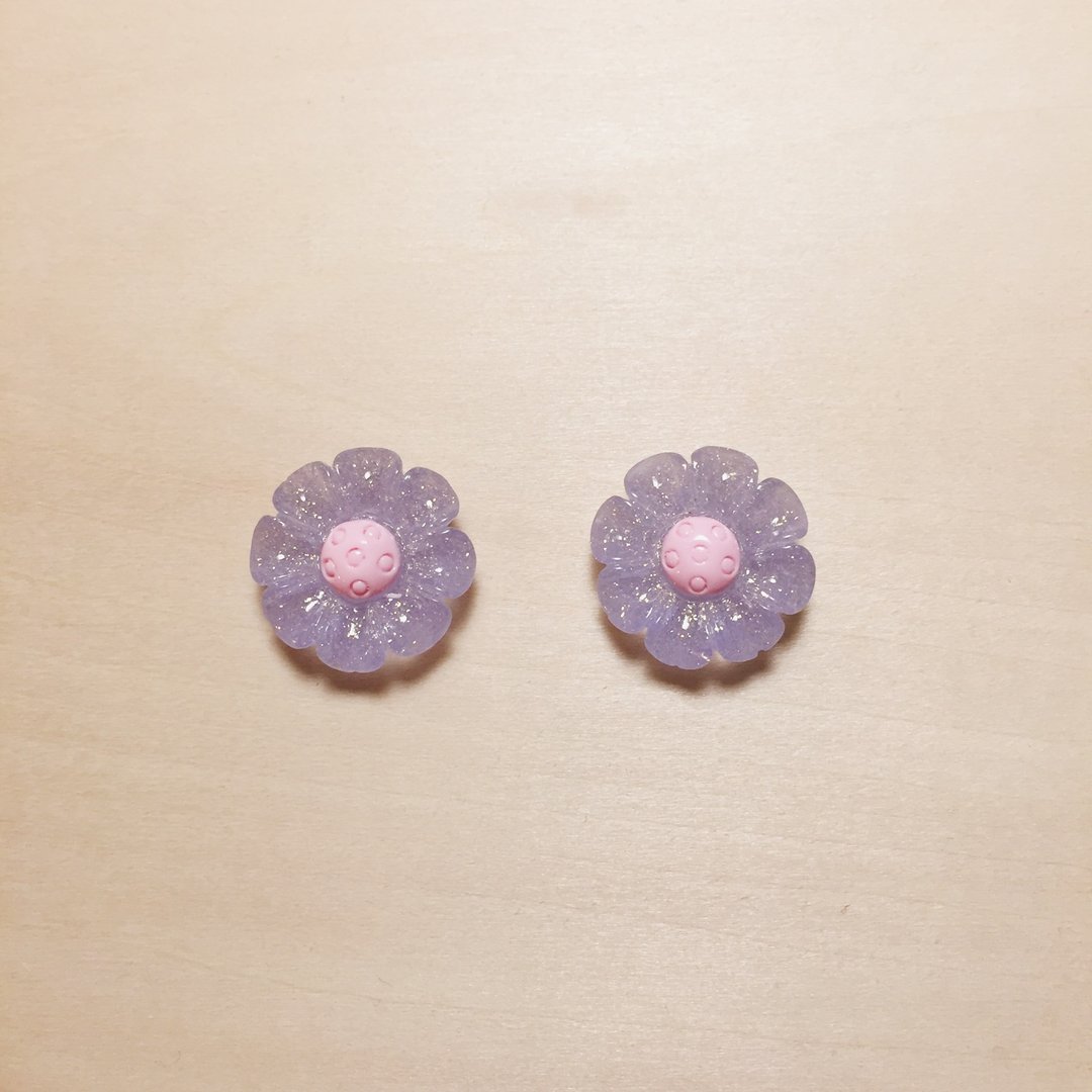 复古紫亮粉葵花耳环 - 耳环/耳夹 - 树脂 紫色
