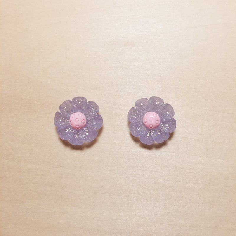 复古紫亮粉葵花耳环 - 耳环/耳夹 - 树脂 紫色