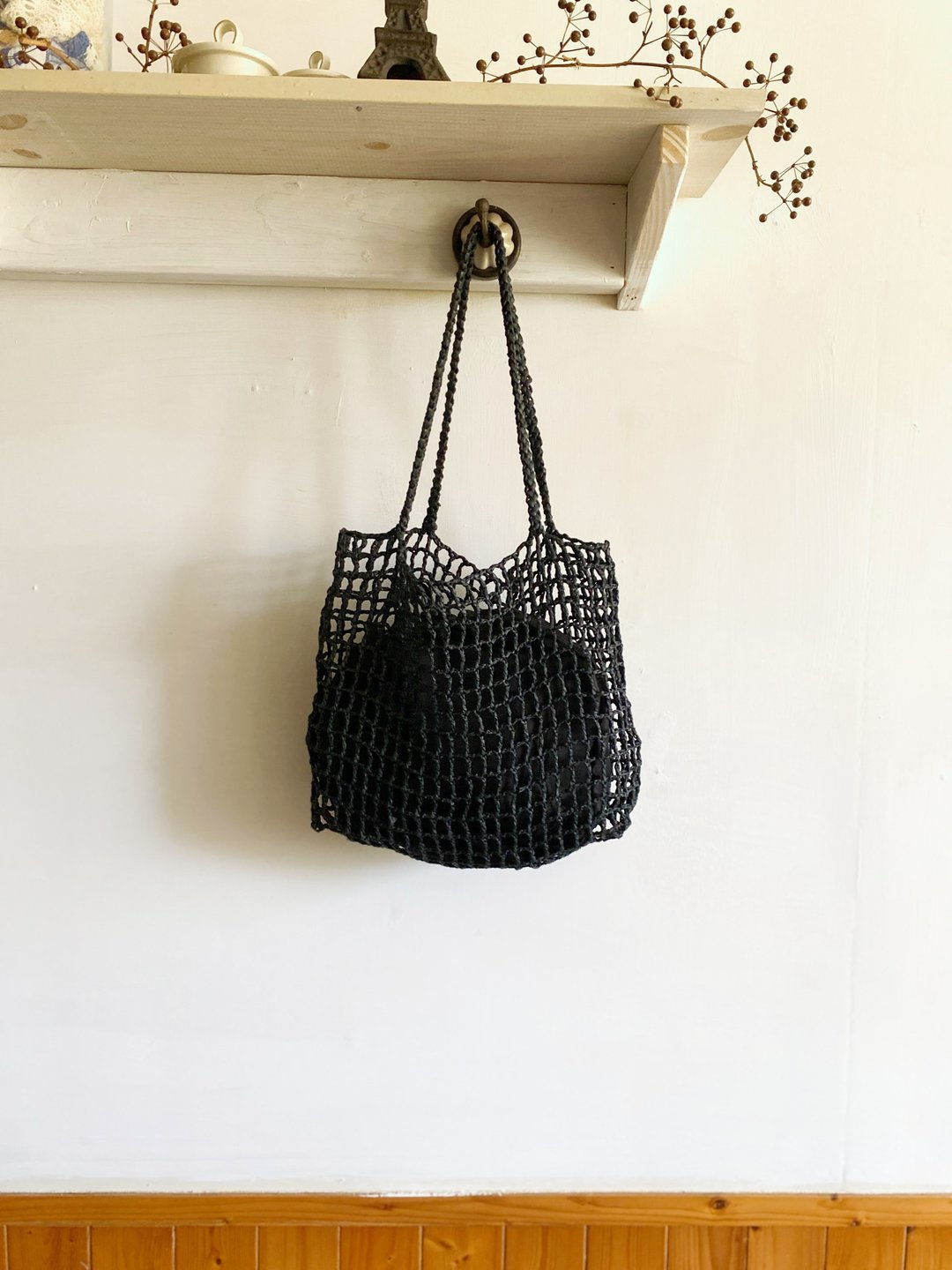 【好日手作】Handmade。夏日手工拉菲草编织炭黑镂空侧背包 - 侧背包/斜挎包 - 其他材质 黑色