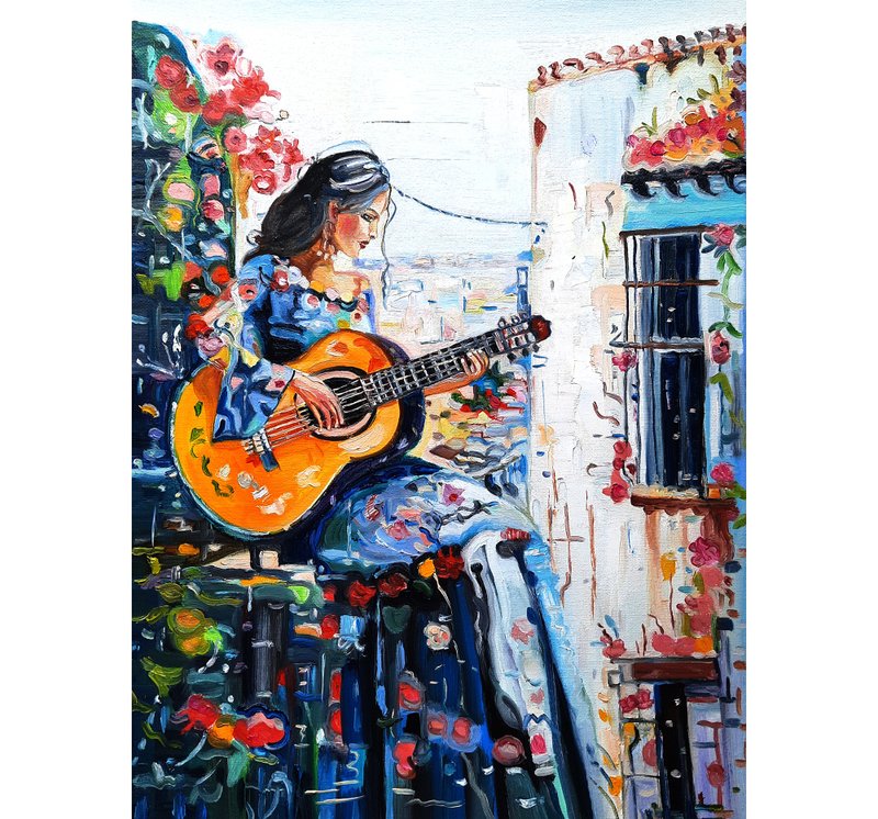 原创画《弹吉他的女孩》原创艺术油画油画 - 墙贴/壁贴 - 其他材质 白色